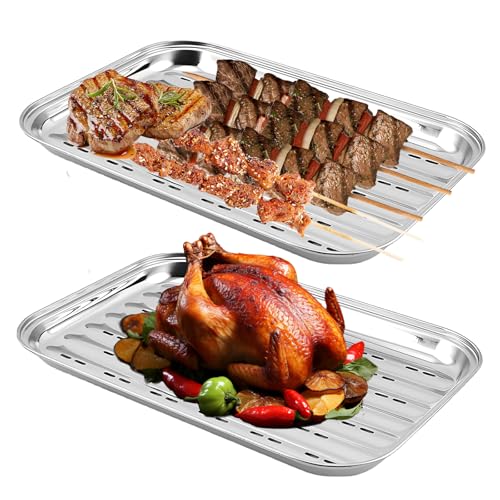 BBQ Grillschalen, 2er Set 35x24.5cm Edelstahl Grillkorb mit Löchern Grill Gemüsekorb Grillschale Grillzubehör für Gemüse Fisch oder Fleisch Grillpfanne Gasgrill von BAIFULAI