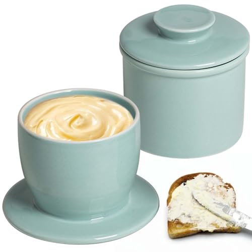 Französische Butterdose, Keramik Butterdose mit Rund Deckel, Butterdose Wassergekühlt mit Wasserlinie, Butter Glocke, Keramische Butterglocke für Streichfähige Butter Hellblau von BAIFULAI