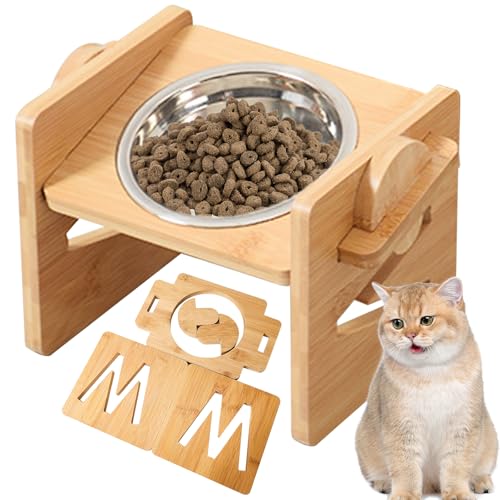 Hundenapf Erhöht mit Ständer, Erhöhte Hundenapf mit 450ML Edelstahl Fressnapf, Höhenverstellbar 16 cm, Hundenäpfe Futterstation aus Bambus, Einzeln Erhöhte Hundebar für Kleine Medium Hunde & Katzen von BAIFULAI