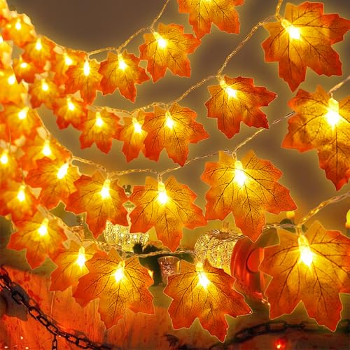 Lichterkette Herbst, 6m 40LED Ahornblätter Lichterkette Herbst Innen Batteriebetrieben Farbmischung Ahornblätter Künstliche Ahornblatt Herbst Girlande für Halloween Erntedankfest Innen Außen Deko von BAIFULAI