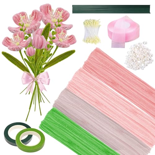 Pfeifenputzer zum Basteln: 400 Stück Pfeifenreiniger Blumen Set mit Blütenstiel Staubgefäße, 4 Farben Pipe Cleaner, Pfeifenreiniger zum Basteln, Pfeifenputzer zum Basteln Blumen für DIY Dekorationen von BAIFULAI