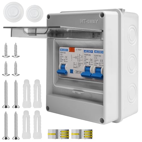 Sicherungskasten Aufputz, IP65 Wasserdicht Aufputz-Verteilerkasten, Kleinverteiler mit 1 Reihig für 5 Modules, Unterverteilung AC Trennschalter 16A+160A für Zuhause Büro, Garten, Freien von BAIFULAI