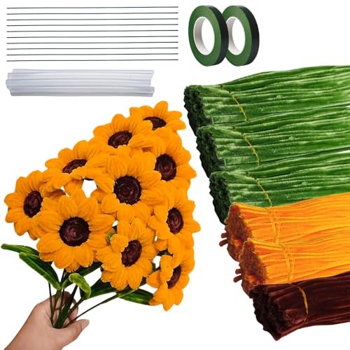 690 Stück Sonnenblumen Blumenstrauß Pfeifenreiniger Set, mit Pfeifenputzer zum Basteln Pfeifenreiniger Blumen(3 Farben), Blumenstab, Klebestift, für Sonnenblume Bastelprojekte und Dekorationen von BAIFULAI