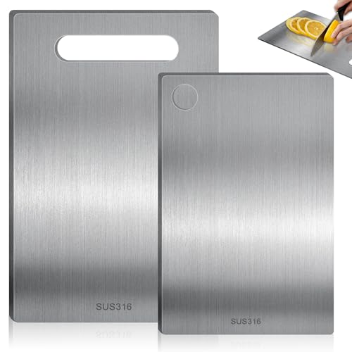 Titan Schneidebrett: 2 Stück Verschiedene Größen Schneidebrett Edelstahl, Doppelseitiges Titanium Schneidebrett, Titanium Cutting Board, Schneidebrett Titan für Fleisch, Obst, Gemüse von BAIFULAI