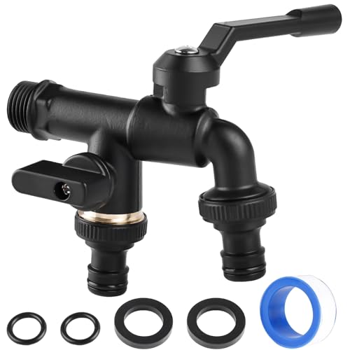 Universal Wasserhahn Garten, 1/2 Zoll Doppel Auslaufhahn aus Messing mit 2*Gummidichtungen + 2*O-Ringe + 1*wasserdichtes Klebeband + 2* Schlauchadapter, für Garten, Waschmaschine, Schwarz Universal Wasserhahn Garten, 1/2 Zoll Doppel Auslaufhahn aus Messing mit 2*Gummidichtungen + 2*O-Ringe + 1*wasserdichtes Klebeband + 2* Schlauchadapter, für Garten, Waschmaschine, Schwarz von BAIFULAI