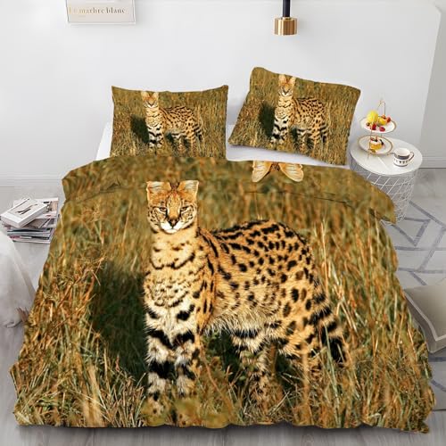 BAIL Bettbezüge 135x200 Rasen Bettwaesche Serval Katze Bettbezug Mikrofaser 3teilig Bettwäsche Weich Atmungsaktiv und 2 Kissenbezüge 80x80 cm mit Reißverschluss von BAIL