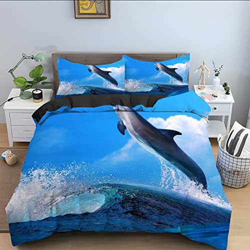 Winter Bettwäsche 135x200 Blauer Delfin Bettwäsche-Sets 3D Drucken Luftdurchlässiger Bettbezug + 2 Kissenbezug 80x80 cm mit Reißverschluss Geeignet für Kinder, Baby von BAIL