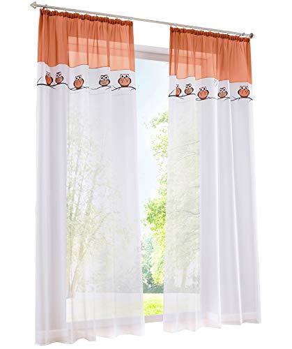 BAILEY JO 1PC Gardine mit Eule Stickerei Vorhange für Kinderzimmer Transparent Voile Vorhang (BxH 140x145cm, orange mit kräuselband) von BAILEY JO