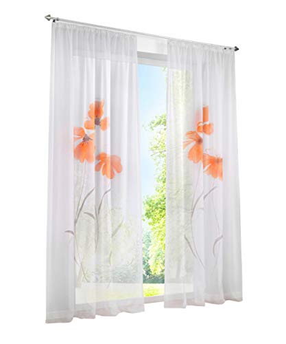 BAILEY JO 1er-Pack Gardine Floral Gardinen Schlaufen mit Blumen Druck Transparent Voile Vorhang (BxH 150x225cm, Orange mit Kräuselband) von BAILEY JO