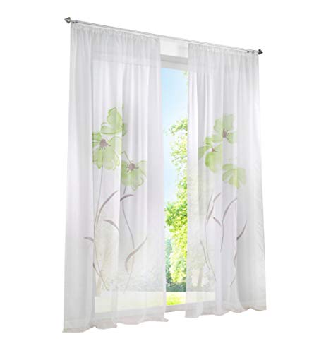 BAILEY JO 1er-Pack Gardine Floral Gardinen Schlaufen mit Blumen Druck Transparent Voile Vorhang (BxH 150x245cm, Grün mit Kräuselband) von BAILEY JO