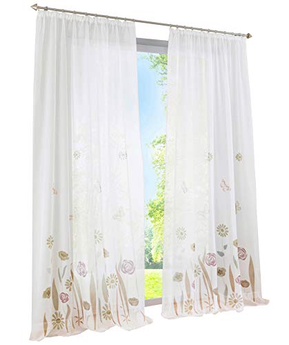 BAILEY JO 1er-Pack Gardine Kräuselband Floral Vorhänge Mit Blumen Schmetterling Transparent Voile Vorhang (braun, BxH 150x225cm) von BAILEY JO