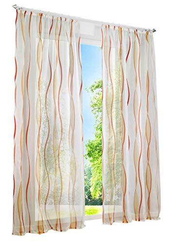 BAILEY JO 1er-Pack Gardinen mit Wellen Druck Design Vorhang Transparent Voile Vorhänge (BxH 140x175cm, orange mit Kräuselband) von BAILEY JO