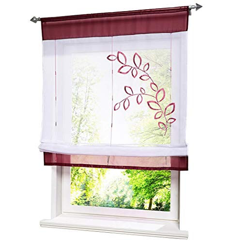 BAILEY JO 1er-Pack Tunnelzug Raffrollo mit Blatt Bestickt Rollos Voile Transparent Vorhang (BxH 100x140cm, Beere) von BAILEY JO