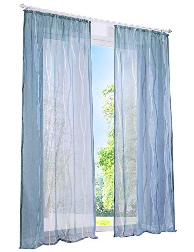 BAILEY JO 1er-Pack Voile Gardinen mit Wellenförmig Druck Design Vorhang Lichtdurchlässig Vorhänge (BxH 140x225cm, Blau Kräuselband) von BAILEY JO