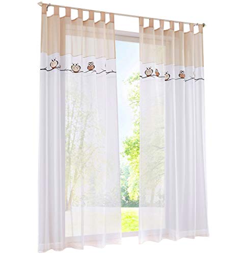 BAILEY JO 1PC Gardine mit Eule Stickerei Vorhange für Kinderzimmer Transparent Voile Vorhang (BxH 140x225cm, Sand mit schlaufen) von BAILEY JO