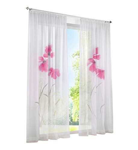 BAILEY JO 1er-Pack Gardine Floral Gardinen Schlaufen mit Blumen Druck Transparent Voile Vorhang (BxH 150x145cm, Pink mit Kräuselband) von BAILEY JO