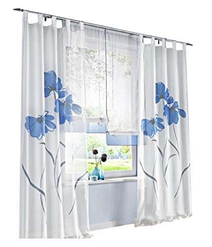 BAILEY JO 1er-Pack Gardine Floral Gardinen Schlaufen mit Blumen Druck Transparent Voile Vorhang (BxH 150x145cm, blau) von BAILEY JO