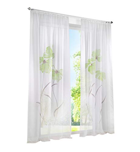 BAILEY JO 1er-Pack Gardine Floral Gardinen Schlaufen mit Blumen Druck Transparent Voile Vorhang (BxH 150x175cm, Grün mit Kräuselband) von BAILEY JO
