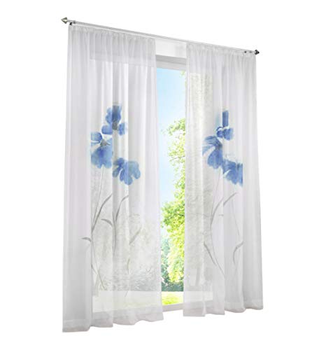 BAILEY JO 1er-Pack Gardine Floral Gardinen Schlaufen mit Blumen Druck Transparent Voile Vorhang (BxH 150x225cm, Blau mit Kräuselband) von BAILEY JO