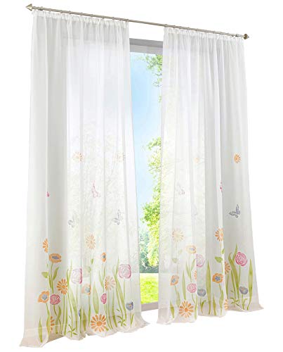 BAILEY JO 1er-Pack Gardine Kräuselband Floral Vorhänge Mit Blumen Schmetterling Transparent Voile Vorhang (grün, BxH 150x145cm) von BAILEY JO