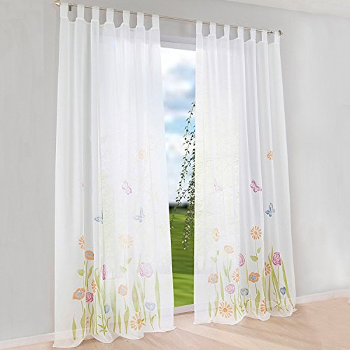 BAILEY JO 1er-Pack Gardine Schlaufen Floral Gardinen Mit Blumen Schmetterling Transparent Voile Vorhang (BxH 150x175cm, grün) von BAILEY JO