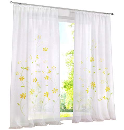 BAILEY JO 1er-Pack Gardine Schlaufen Gardinen Mit Blumen Voile Lichtdurchlässig Vorhang (BxH 150x175cm, Gelb mit Kräuselband) von BAILEY JO