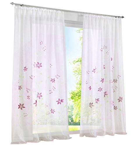 BAILEY JO 1er-Pack Gardine Schlaufen Gardinen Mit Blumen Voile Lichtdurchlässig Vorhang (BxH 150x175cm, Violett mit Kräuselband) von BAILEY JO