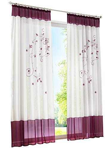 BAILEY JO 1er-Pack Gardine Schlaufen Gardinen mit Blumen Bestickt Transparent Voile Vorhang (BxH 140x175cm, Beere mit Kräuselband) von BAILEY JO