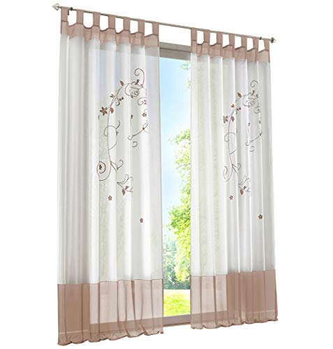 BAILEY JO 1er-Pack Gardine Schlaufen Gardinen mit Blumen Bestickt Transparent Voile Vorhang (BxH 140x175cm, Sand) von BAILEY JO