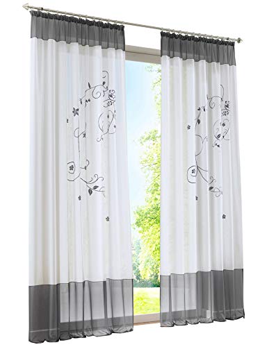 BAILEY JO 1er-Pack Gardine Schlaufen Gardinen mit Blumen Bestickt Transparent Voile Vorhang (BxH 140x245cm, Grau mit Kräuselband) von BAILEY JO