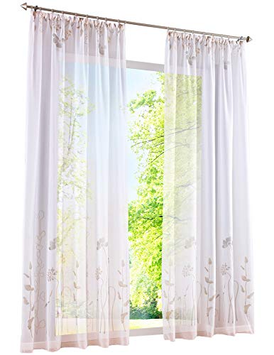 BAILEY JO 1er-Pack Gardine mit Blumen Floral Gardineschal Transparent Voile Vorhang (BxH 150x175cm, Hell Braun mit Kräuselband) von BAILEY JO