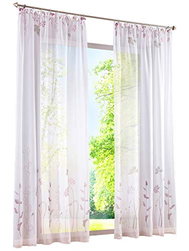 BAILEY JO 1er-Pack Gardine mit Blumen Floral Gardineschal Transparent Voile Vorhang (BxH 150x245cm, Hell Violett mit Kräuselband) von BAILEY JO