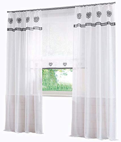 BAILEY JO 1er-Pack Gardine mit Herz Muster Gardineschal Stickerei Transparent Voile Vorhang (BxH 140x175cm, Grau mit Kräuselband) von BAILEY JO