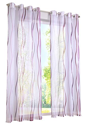 BAILEY JO 1er-Pack Gardinen mit Wellen Druck Design Vorhang Transparent Voile Vorhänge (BxH 140x145cm, violett mit Ösen) von BAILEY JO