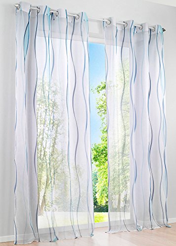 BAILEY JO 1er-Pack Gardinen mit Wellen Druck Design Vorhang Transparent Voile Vorhänge (BxH 140x175cm, Blau mit Ösen) von BAILEY JO