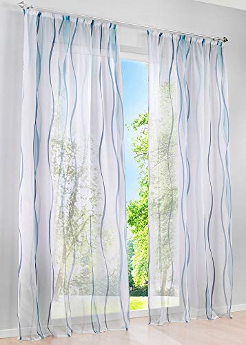 BAILEY JO 1er-Pack Gardinen mit Wellen Druck Design Vorhang Transparent Voile Vorhänge (BxH 140x225cm, Blau mit Kräuselband) von BAILEY JO