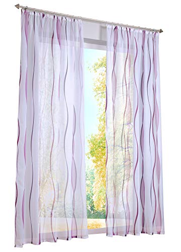BAILEY JO 1er-Pack Gardinen mit Wellen Druck Design Vorhang Transparent Voile Vorhänge (BxH 140x225cm, violett mit Kräuselband) von BAILEY JO