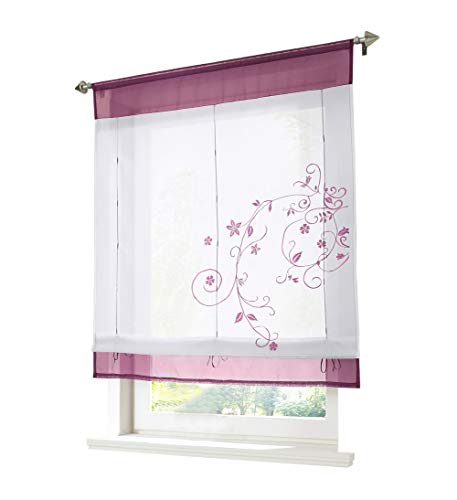 1er-Pack Raffrollo mit Tunnelzug Blumen Stickerei Gardinen Transparent Voile Vorhang (BxH 100x140cm, Violett) von BAILEY JO