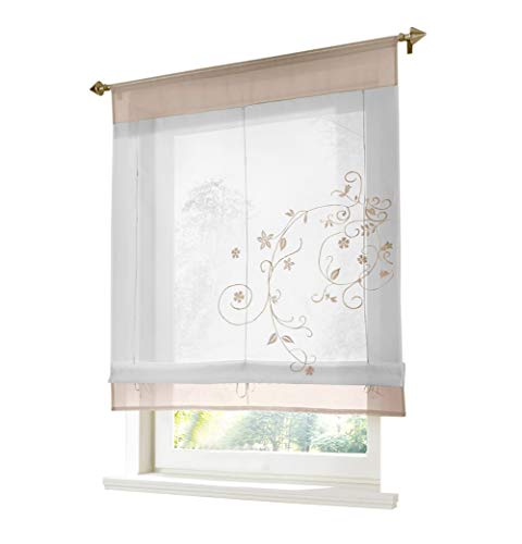 BAILEY JO 1er-Pack Raffrollo mit Tunnelzug Blumen Stickerei Gardinen Transparent Voile Vorhang (BxH 80x100cm, Sand) von BAILEY JO