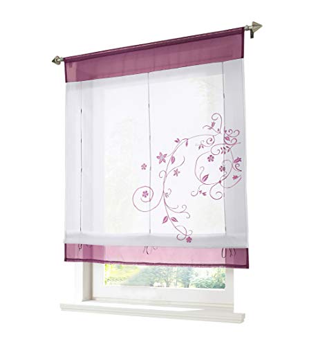 BAILEY JO 1er-Pack Raffrollo mit Tunnelzug Blumen Stickerei Gardinen Transparent Voile Vorhang (BxH 80x100cm, Violett) von BAILEY JO