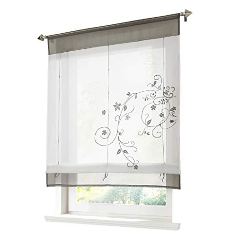 BAILEY JO 1er-Pack Raffrollo mit Tunnelzug Blumen Stickerei Gardinen Transparent Voile Vorhang (BxH 80x100cm, grau) von BAILEY JO