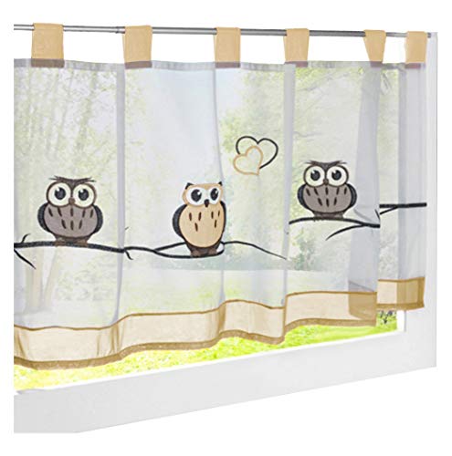 BAILEY JO Schlaufen Scheibengardine Mit Eule Bestickt Raffrollo Voile Vorhang (HxB 60x145cm, Sand) von BAILEY JO