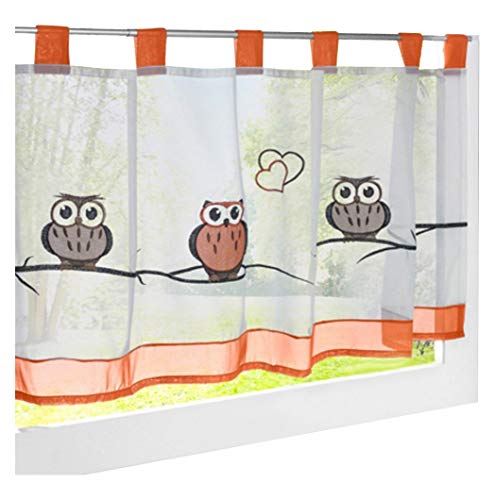 BAILEY JO Schlaufen Scheibengardine Mit Eule Bestickt Raffrollo Voile Vorhang (HxB 60x145cm, orange) von BAILEY JO