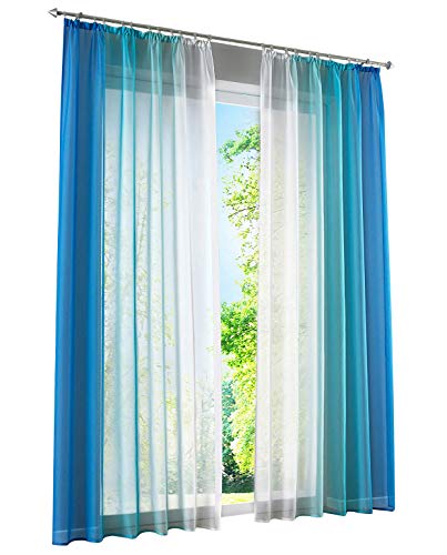 BAILEY JO 2er-Pack Gardinen mit Verlauf-Farben Muster Vorhang Transparent Voile Vorhänge (BxH 140x225cm, Blau mit Kräuselband) von BAILEY JO