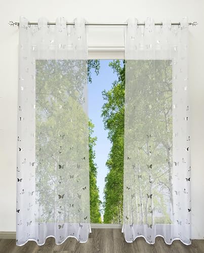 BAILEY JO Gardine mit Ösen Voile Transparenter Vorhang Modern Schmetterling Silber Heißprägen Dekoschal für Wohnzimmer 1 Stück Fensterstores von BAILEY JO