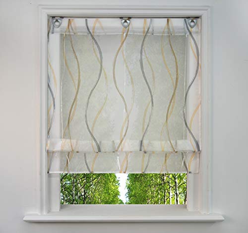 Ösenrollo mit Wellen Druck Design Raffrollo Voile Transparent Raffgardine mit U-Haken (BxH 80x130cm, Sand) von BAILEY JO