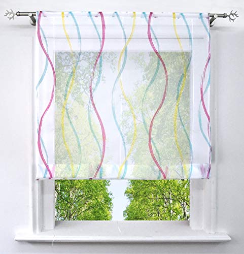 BAILEY JO Raffrollo mit Bunte Wellen Druck Rollos Transparenter Voile Raffgardine Fenster Vorhang 1 Stück (BxH 140x150cm, Blau mit Tunnelzug) von BAILEY JO