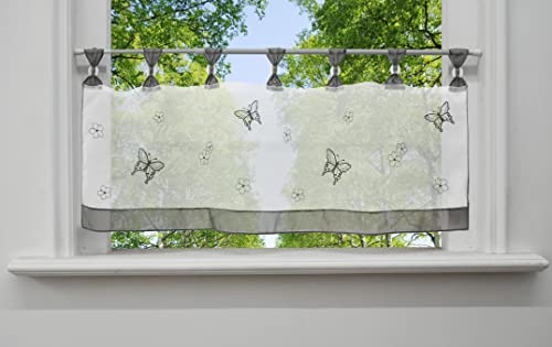 BAILEY JO Scheibengardine Voile Bistrogardine mit Schmetterling Blumen Stickerei Muster Kurzstore Transparente Gardine (HxB 30x90cm, Grau) von BAILEY JO