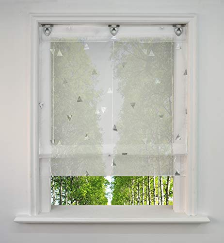 Voile Raffrollo mit Silber Heißprägen Design Raffgardine Transparent Ösenrollo Fenster Vorhang (BxH 100x130cm, Weiß) von BAILEY JO