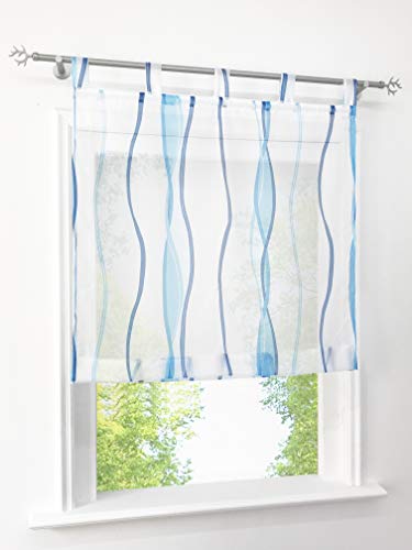 Voile Raffrollo mit Wellen Druck Design Rollos Schlaufen Transparent Vorhang (BxH 100x140cm, Blau) von BAILEY JO
